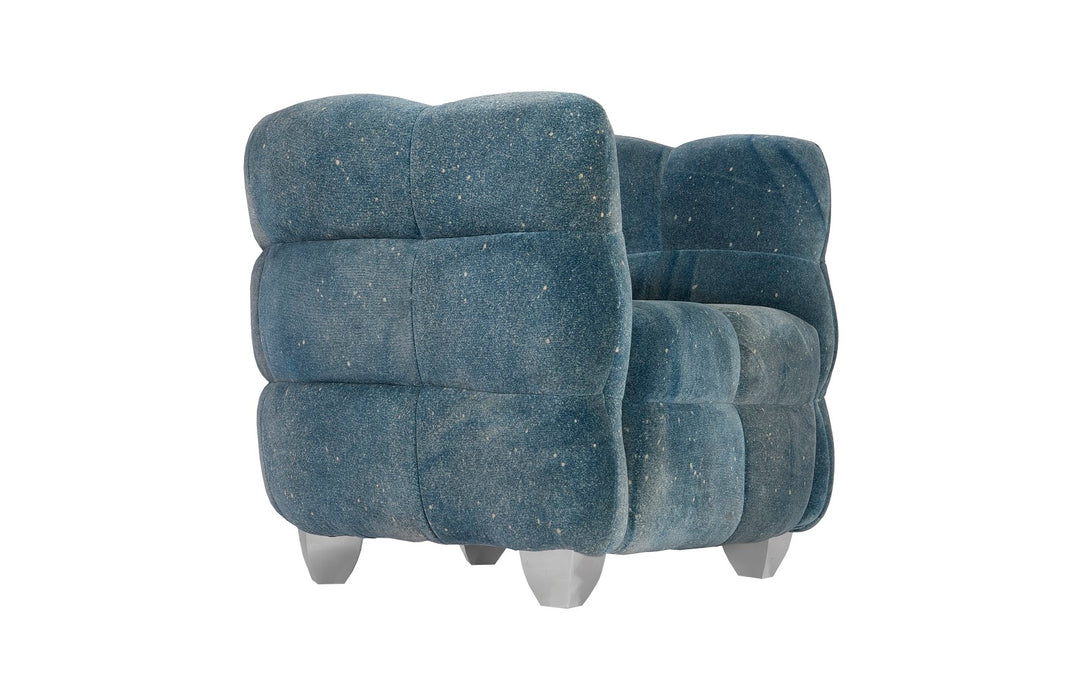 Cloud Club Chair, Distressed Blue Fabric, Stainless Steel Legs