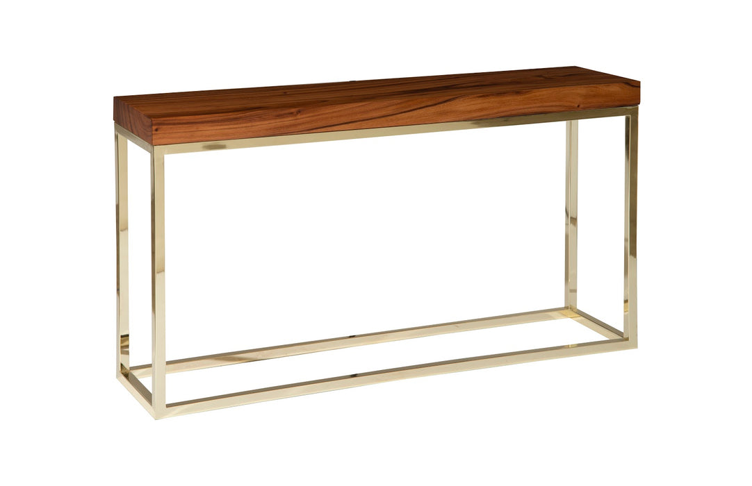 Hayden Chamcha Wood Console Table, Natural, Rectangle, Plated Brass Base