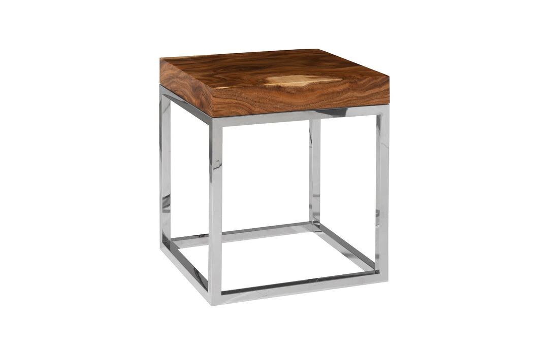 Chamcha Wood End Table, Natural, Square, Stainless Steel Base