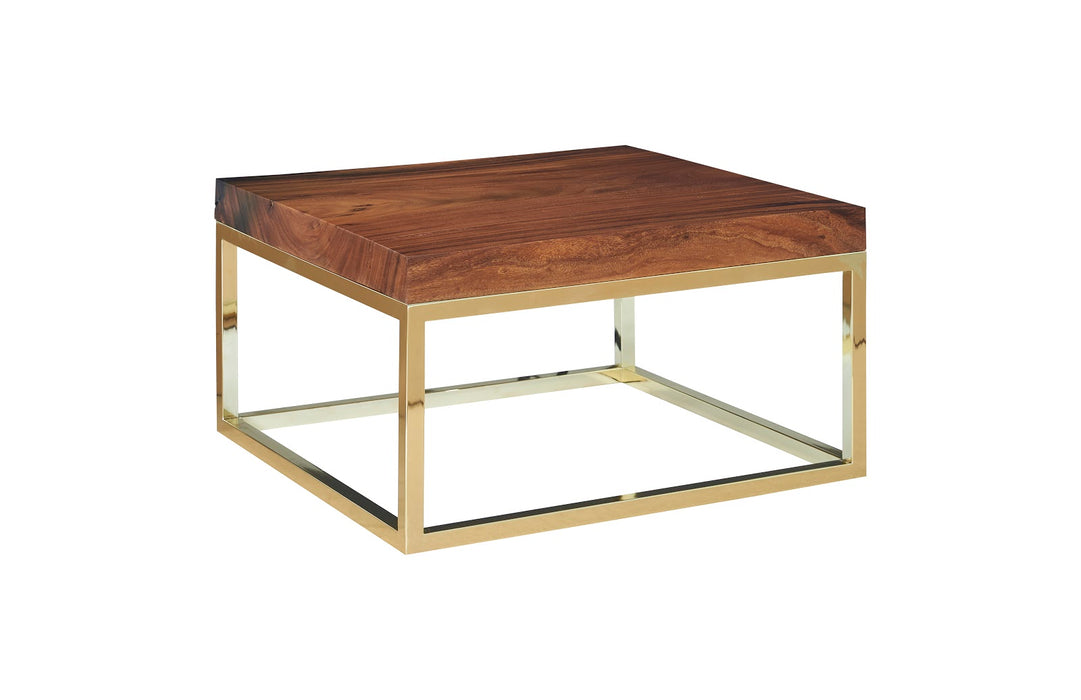 Hayden Chamcha Wood Coffee Table, Natural, Square, Plated Brass Base
