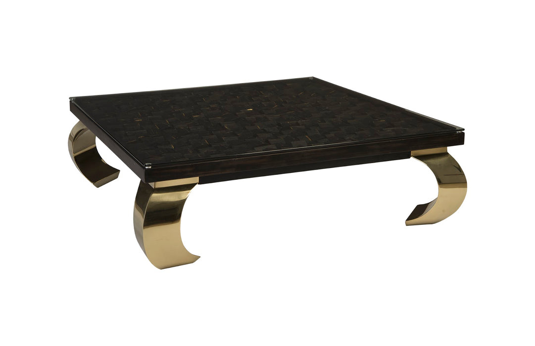 Distressed Blocks Coffee Table, Wood, Glass, Plated Brass Ming Legs, Black with Gold Leaf, SM