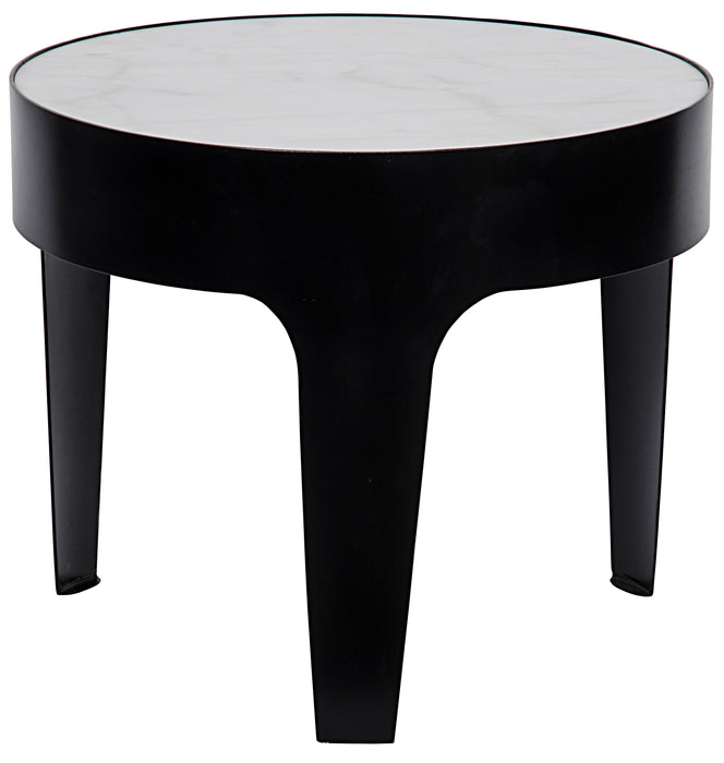 Cylinder Side Table, Large, Black Steel with White Marble Top