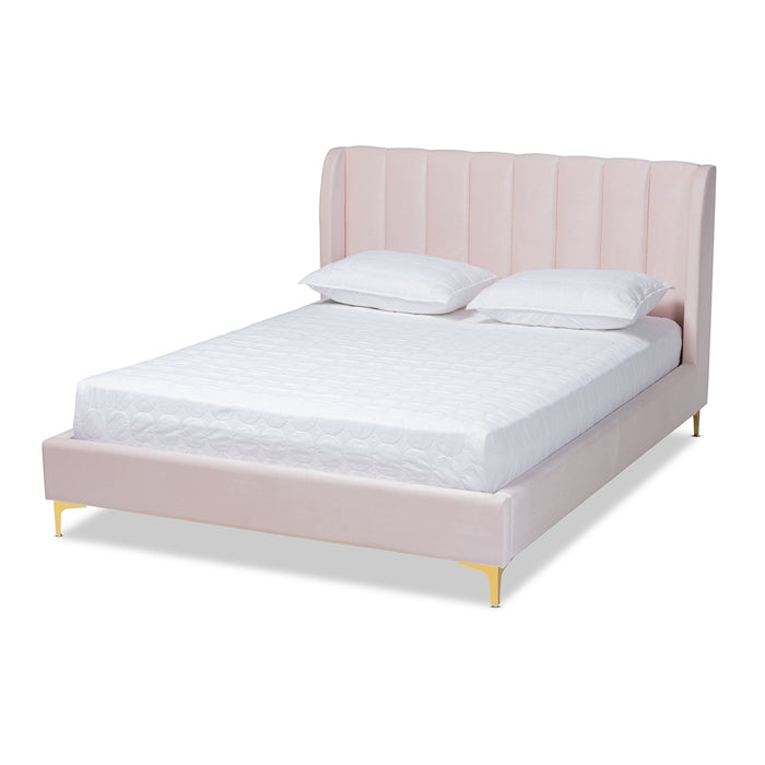 LUXE LIGHT PINK VELVET FABRIC UPHOLSTERED QUEEN SIZE PLATFORM BED WITH GOLD-TONE LEGS