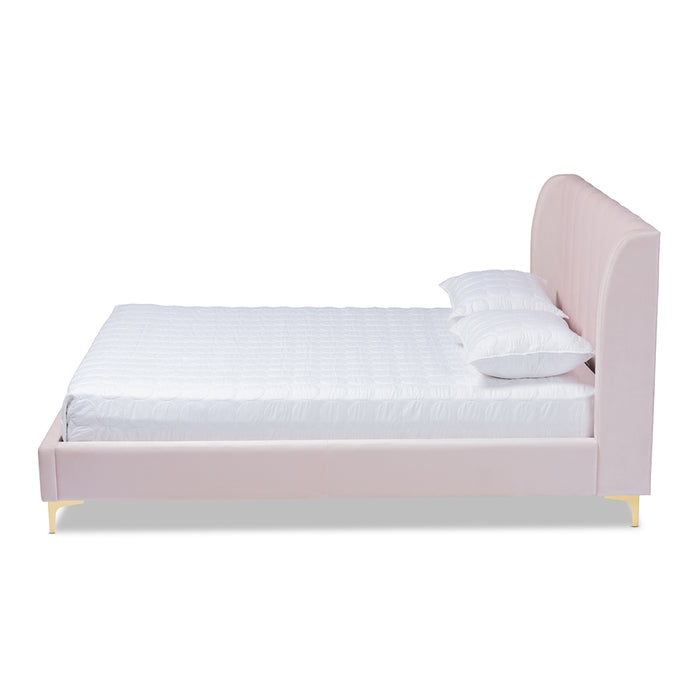 LUXE LIGHT PINK VELVET FABRIC UPHOLSTERED QUEEN SIZE PLATFORM BED WITH GOLD-TONE LEGS
