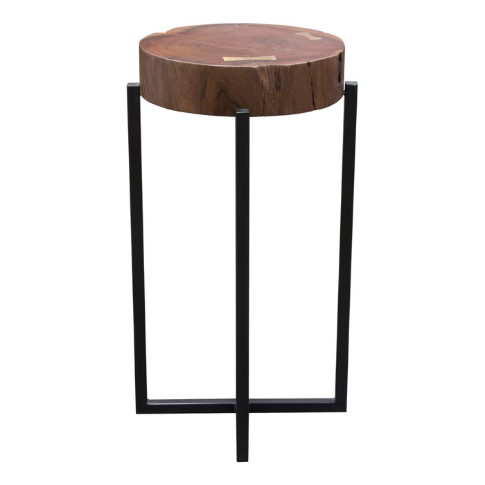 Alex Large 25" Accent Table with Solid Mango Wood Top in Walnut Finish w/ Gold Metal Inlay