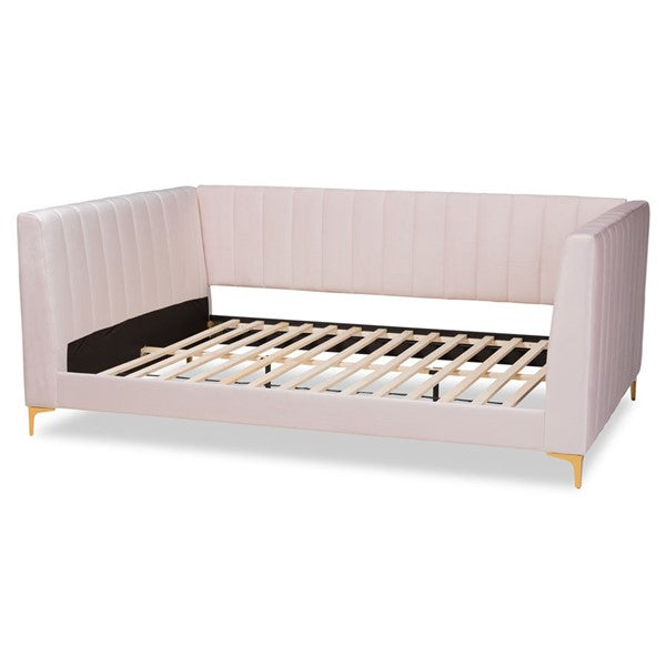 Channeled Light Pink Velvet Gold Finished Queen Size Daybed