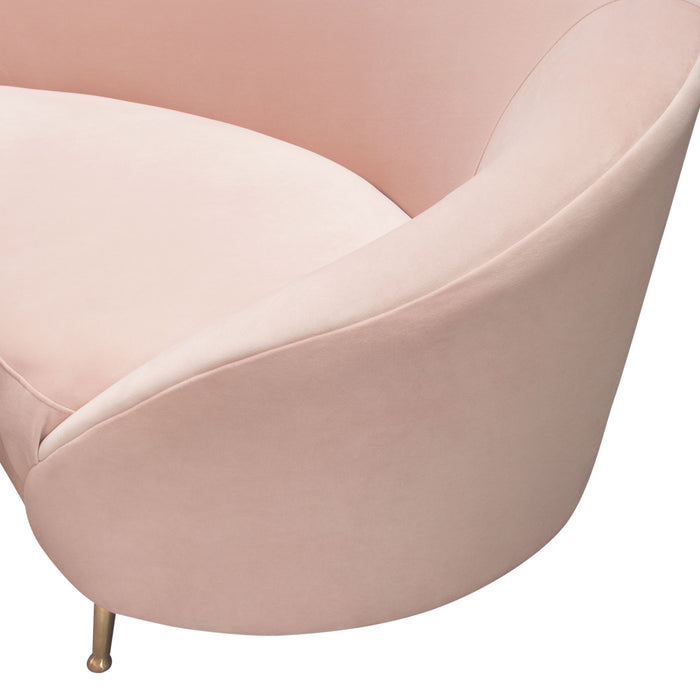 Celine Curved Sofa with Contoured Back in Blush Pink Velvet and Gold Metal Legs by Diamond Sofa