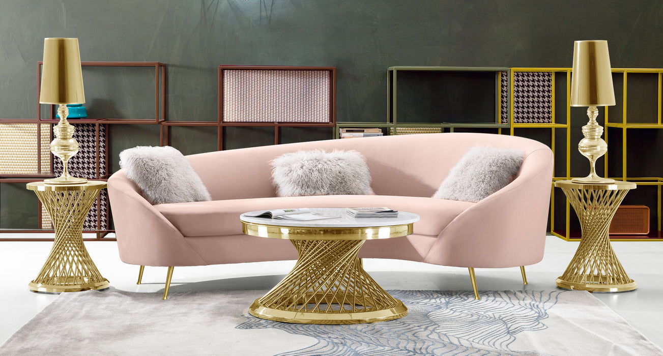 Celine Curved Sofa with Contoured Back in Blush Pink Velvet and Gold Metal Legs by Diamond Sofa