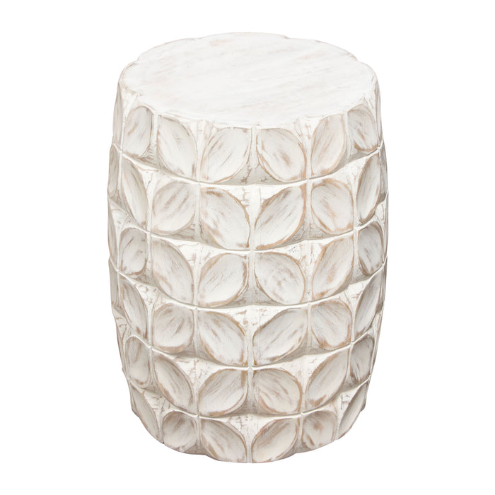Fig Solid Mango Wood Accent Table in Distressed White Finish w/ Leaf Motif by Diamond Sofa