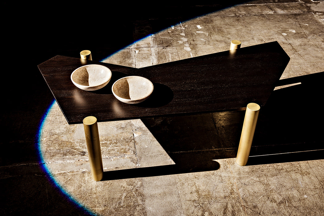 Tabu Coffee Table, Brass Finished Legs with Ebony Walnut Top