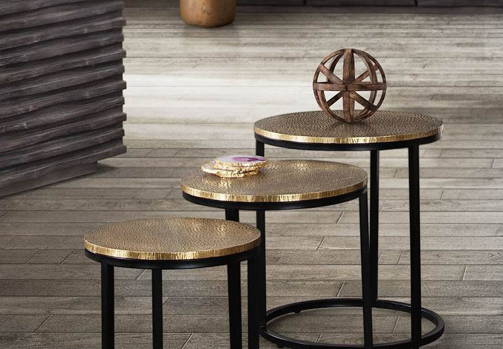 Legion 3PC Nesting Set of Accent Tables w/ Hammered Brass Tops & Black Iron Base by Diamond Sofa