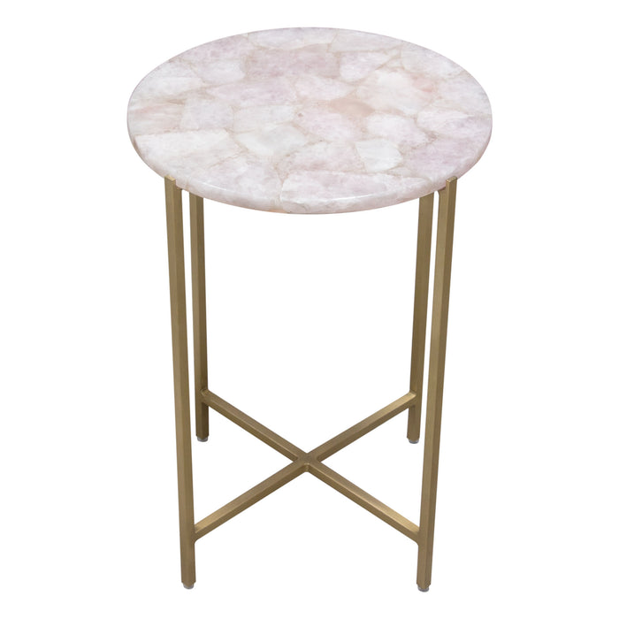 Mika Round Accent Table w/ Rose Quartz Top w/ Brass Base by Diamond Sofa