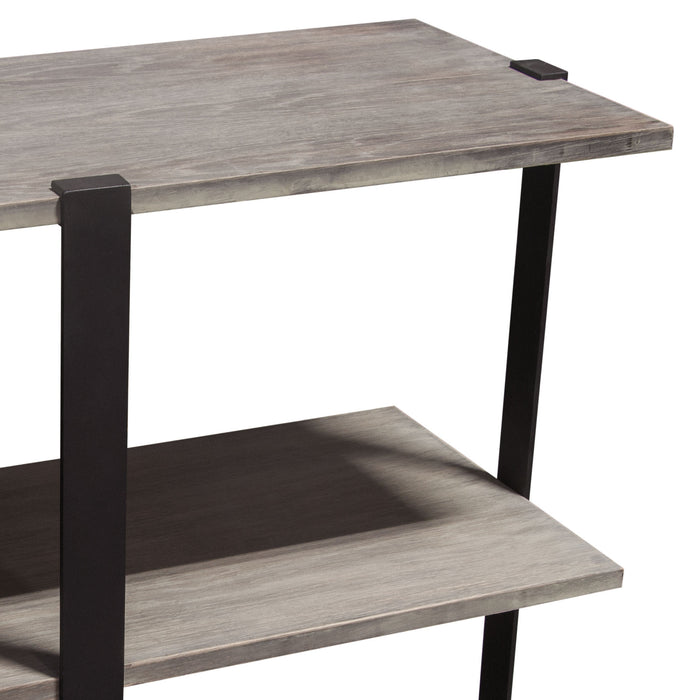 Sherman 59" 3-Tiered Shelf Unit in Grey Oak Finish with Iron Supports