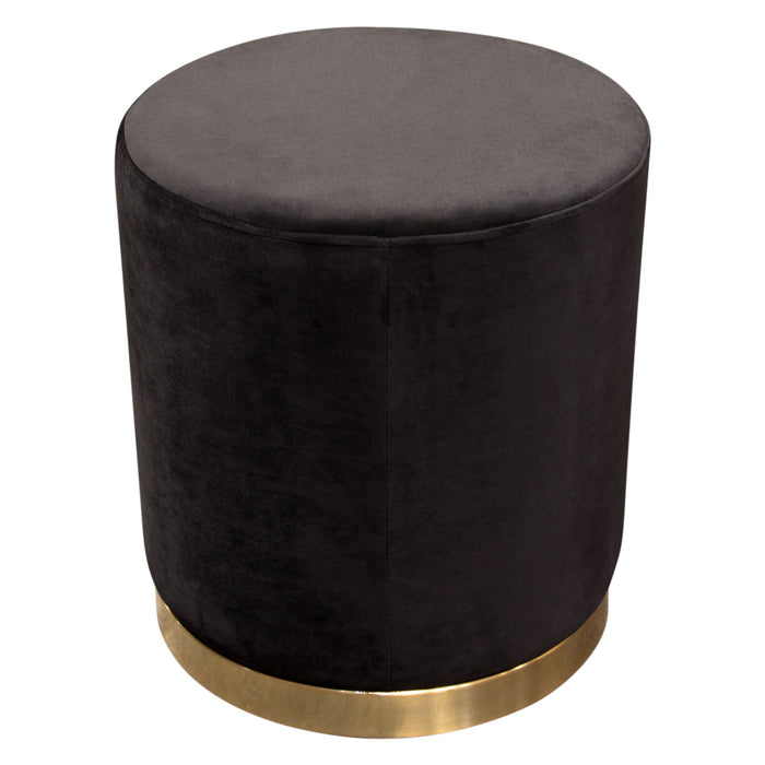 Sorbet Round Accent Ottoman in Black Velvet w/ Gold Metal Band Accent