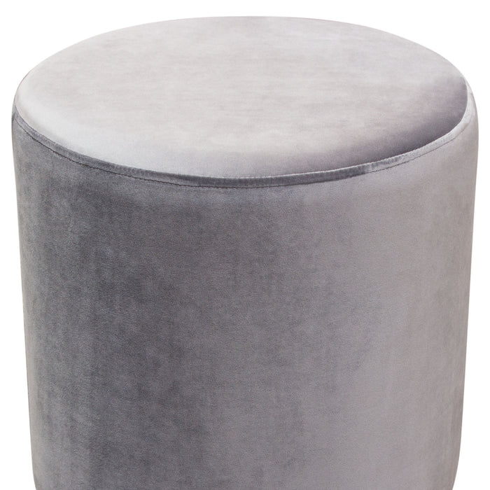 Sorbet Round Accent Ottoman in Grey Velvet w/ Silver Metal Band Accent