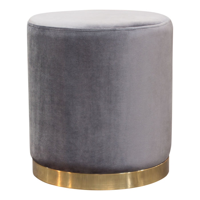Sorbet Round Accent Ottoman in Grey Velvet w/ Silver Metal Band Accent
