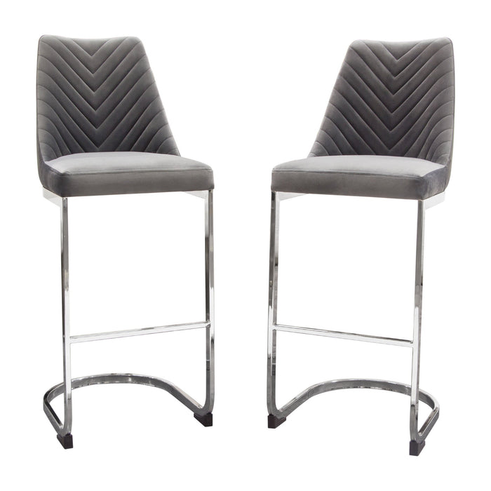 Vogue Set of (2) Bar Height Chairs in Grey Velvet with Polished Silver Metal Base by Diamond Sofa