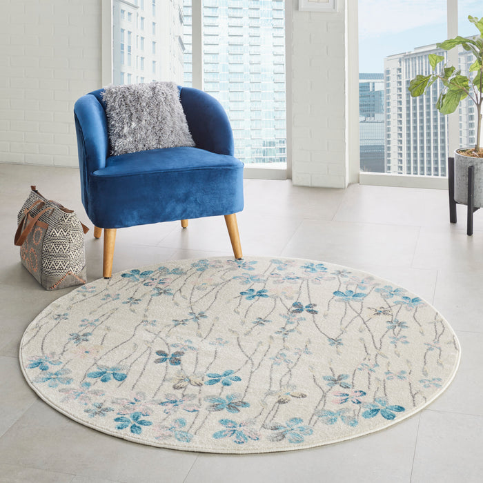 Nourison Tranquil TRA04 Ivory White 5' Round Floral Area Rug