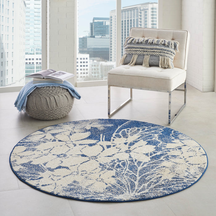 Nourison Tranquil TRA08 Navy Blue and Grey 5' Round Ombre Floral Area Rug