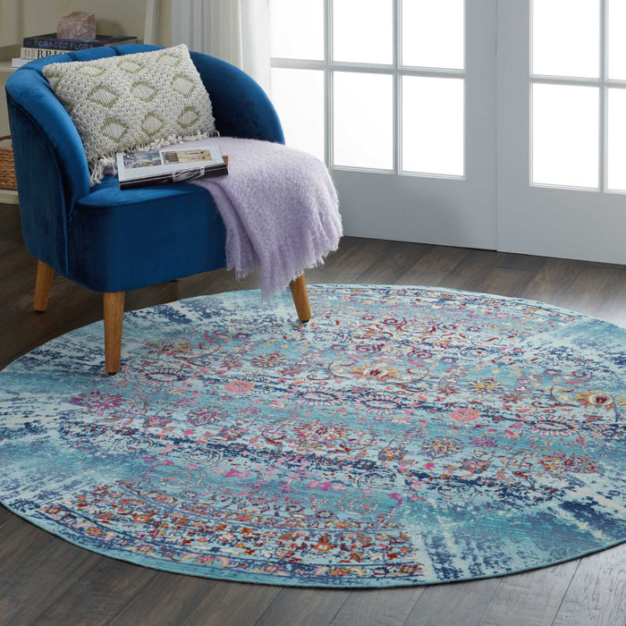 Nourison Vintage Kashan VKA02 Blue Multicolor 4' Round Boho Area Rug