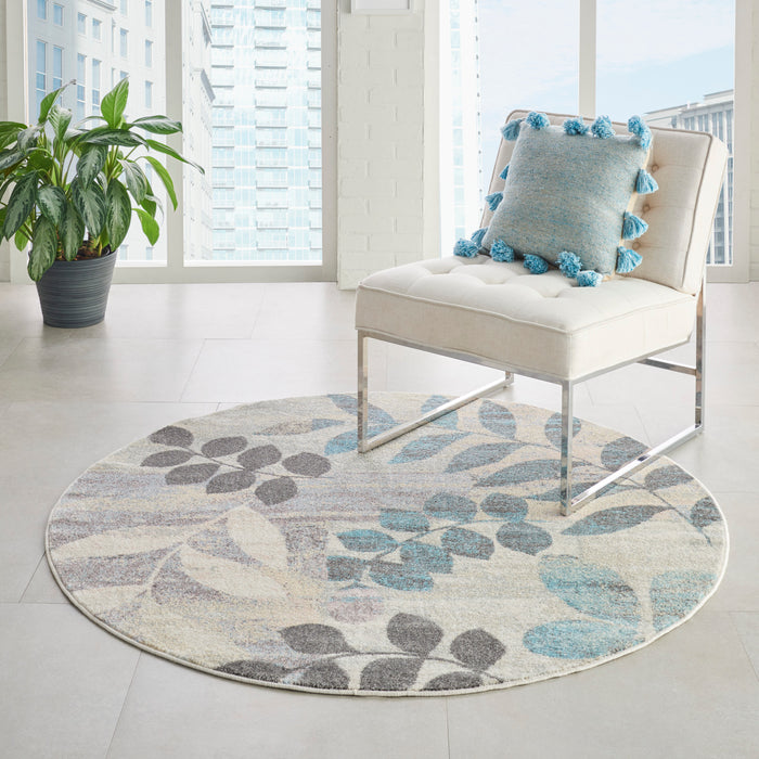 Nourison Tranquil 5' Round White and Blue Farmhouse Area Rug