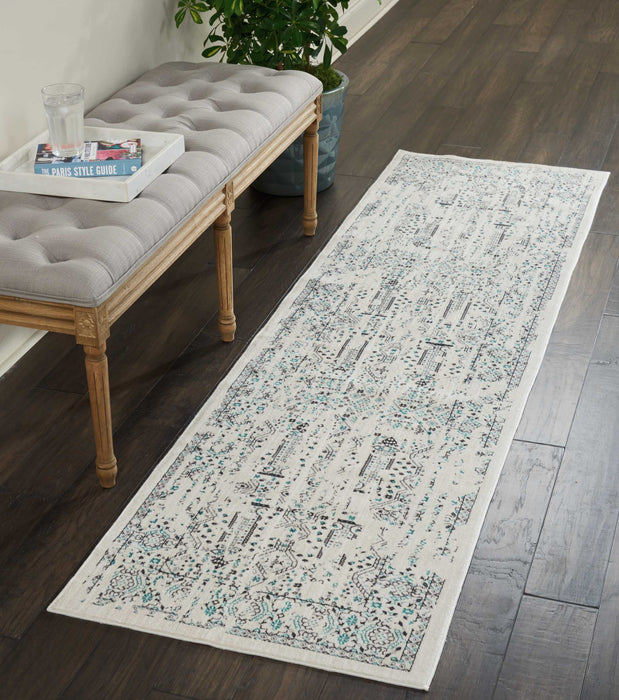 kathy ireland Home Silver Screen KI343 White and Teal Blue 8' Runner  Hallway Rug
