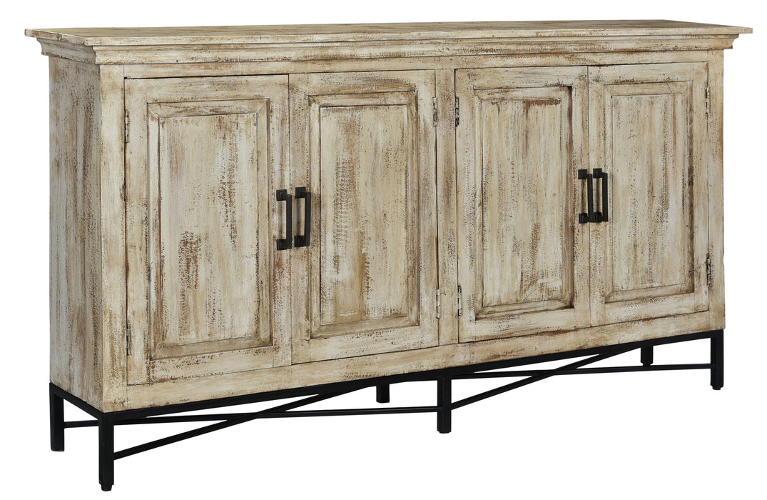 Bengal Manor Mango Wood 4 Door Sideboard Heavily Distressed Antique White Finish