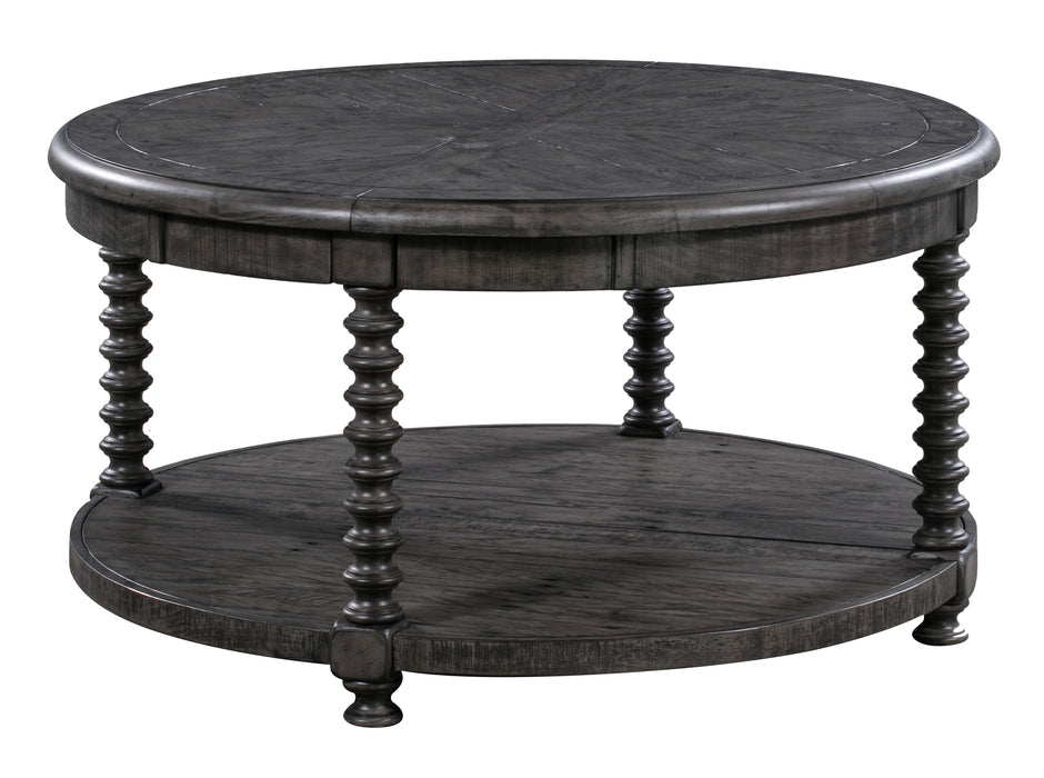 Pembroke Plantation Recycled Pine Distressed Grey Turned Leg Round Cocktail Table