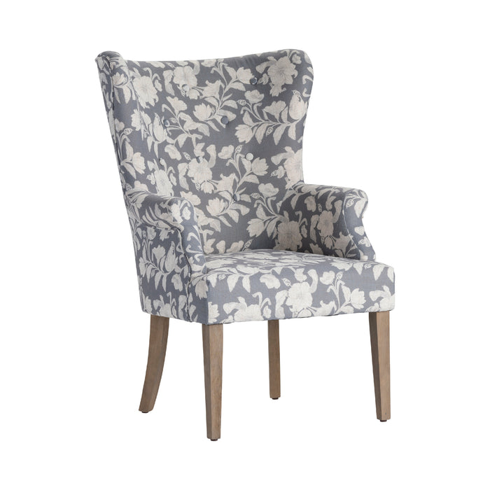 Heatherbrook Upholsted Floral Pattern Grey Wingback Chair With Distressed Grey Legs