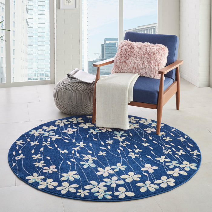 Nourison Tranquil TRA04 Navy Blue 5' Round Floral Area Rug