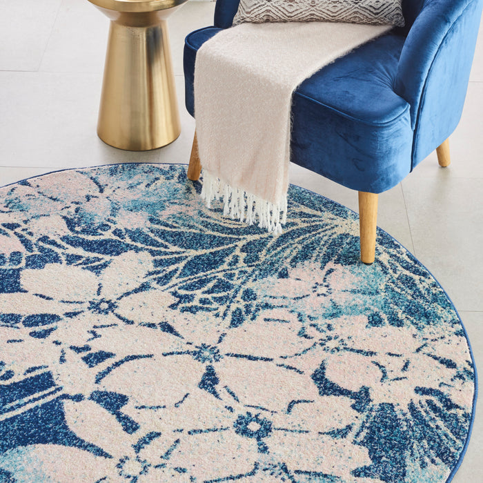 Nourison Tranquil TRA08 Navy Blue and White 5' Round Ombre Floral Area Rug