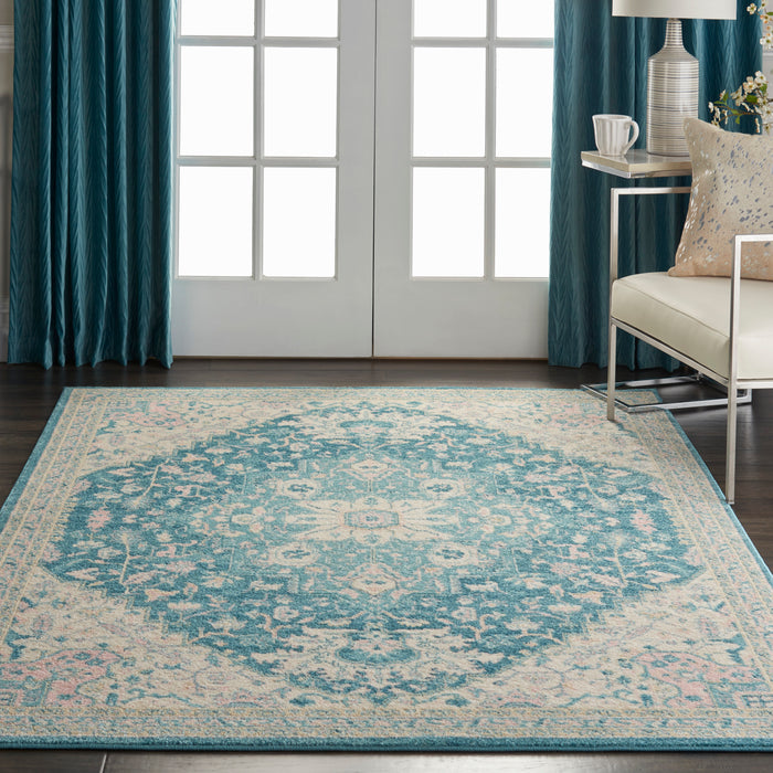 Nourison Tranquil TRA07 Turquoise Blue and White 5'x7' Oushak Area Rug