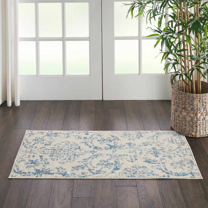 Nourison Jubilant 2' x 4' Small White and Blue Damask Area Rug