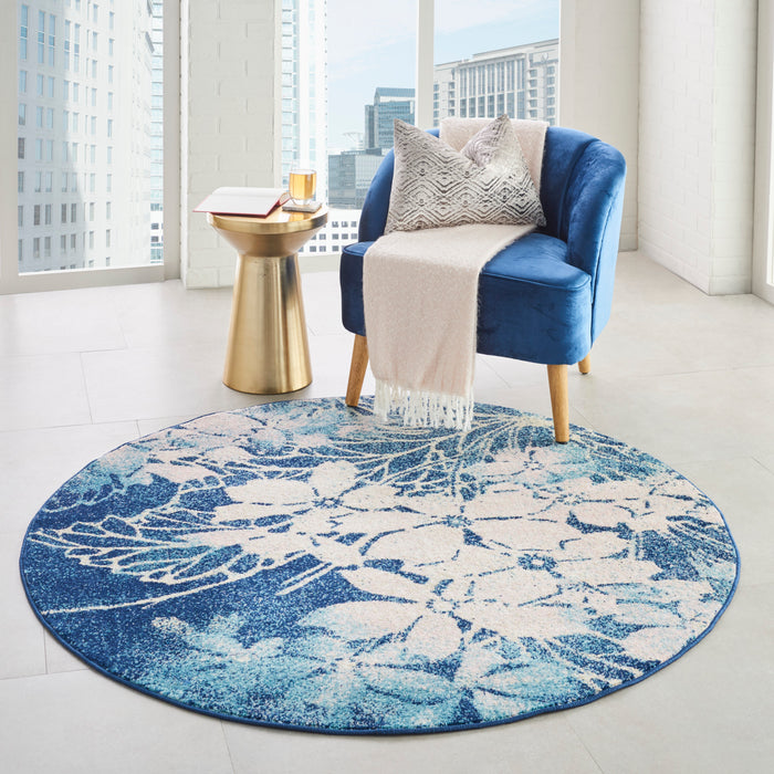 Nourison Tranquil TRA08 Navy Blue and White 5' Round Ombre Floral Area Rug