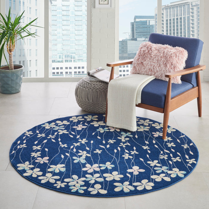 Nourison Tranquil TRA04 Navy Blue 5' Round Floral Area Rug