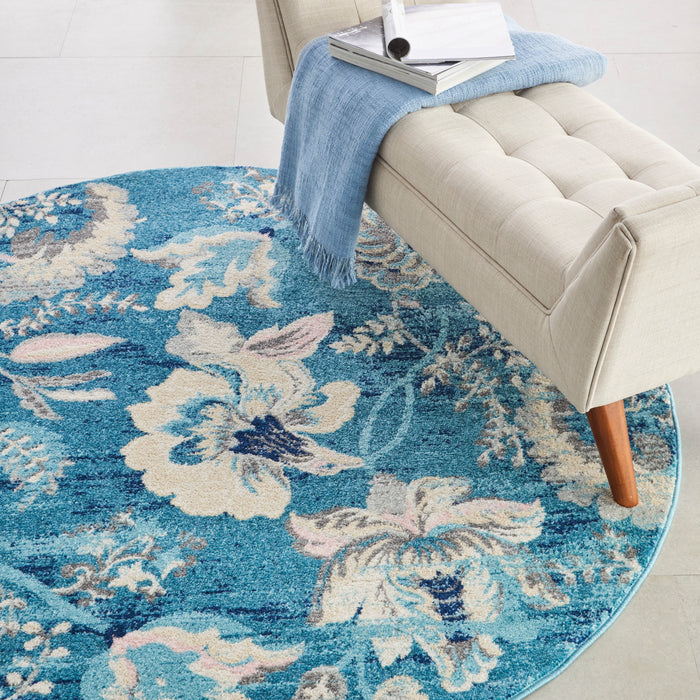 Nourison Tranquil TRA02 Turquoise Blue and White 5' Round French Country Area Rug
