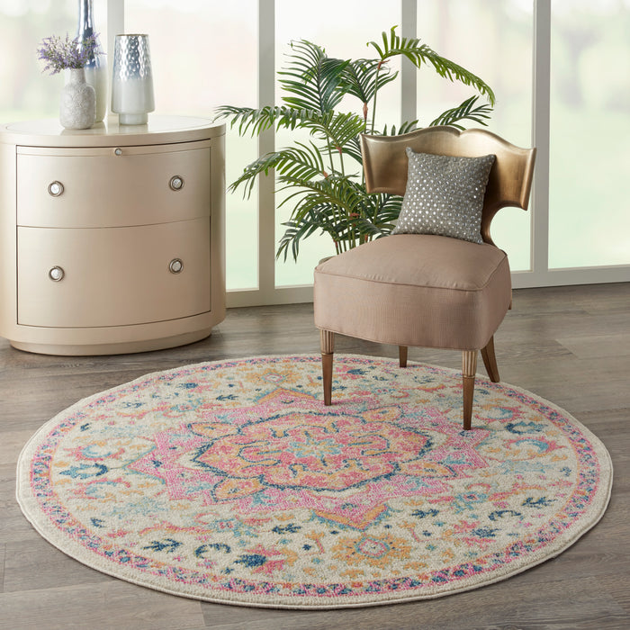 Nourison Passion 5' Round Ivory, Pink  Bohemian   Area Rug