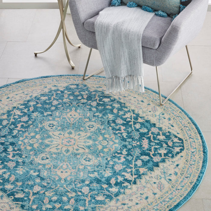Nourison Tranquil TRA07 Turquoise Blue and White 5' Round Oushak Area Rug