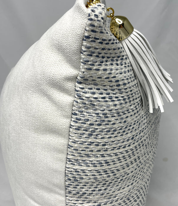 Blues and ivory’s woven w/ gold exposed zipper and tassel pull  20x20 pillow case