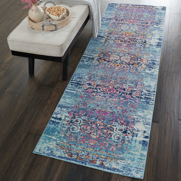 Nourison Vintage Kashan VKA02 Blue Multicolor 8' Runner  Hallway Rug