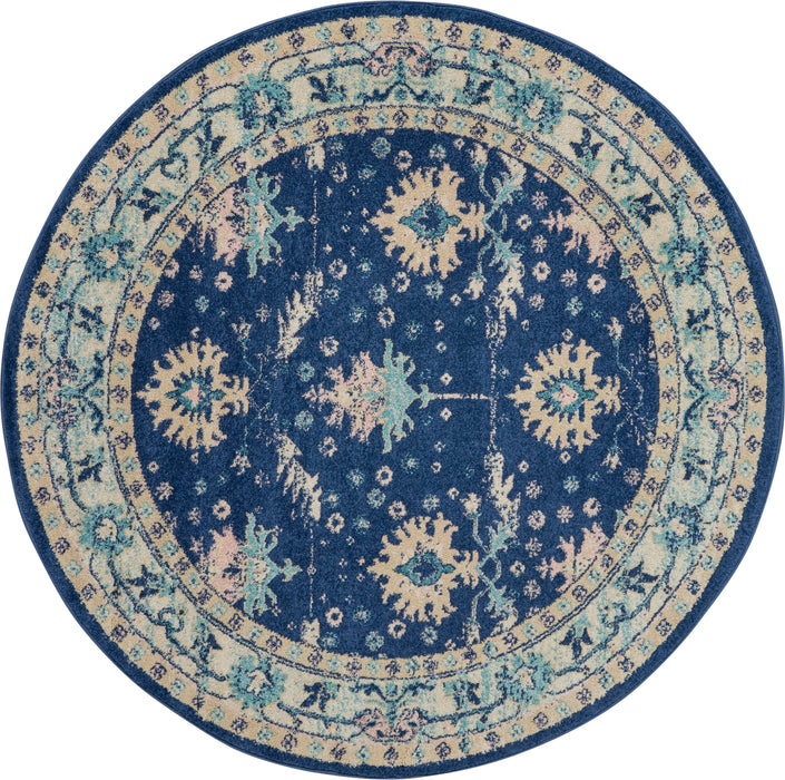 Nourison Tranquil TRA10 Navy Blue 5' Round Bordered Oriental Area Rug