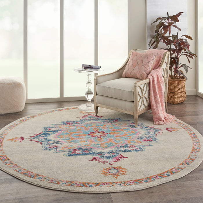 Nourison Passion 8' Round Grey, Ivory, Multicolored  Bohemian   Area Rug