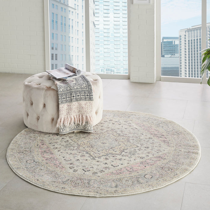 Nourison Tranquil TRA06 Pink and Beige 5' Round Kashan Area Rug