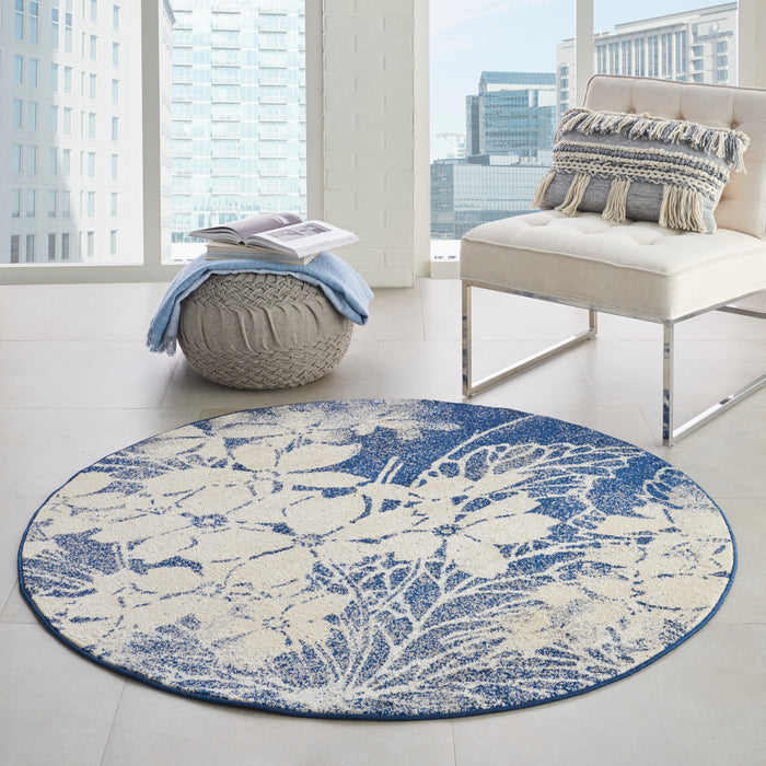 Nourison Tranquil TRA08 Navy Blue and Grey 5' Round Ombre Floral Area Rug