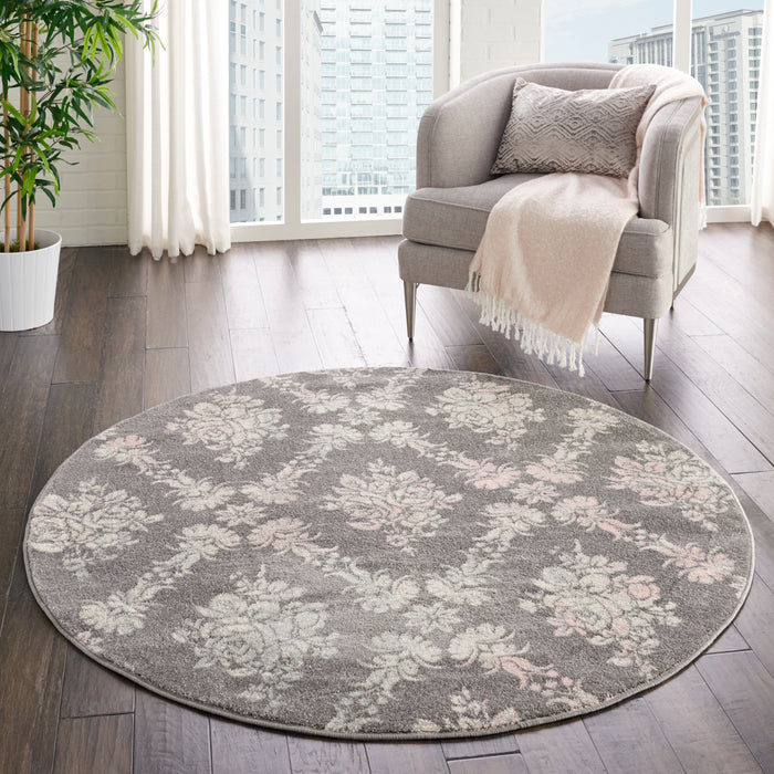 Nourison Tranquil TRA09 Pink and Grey 5' Round Vintage Area Rug
