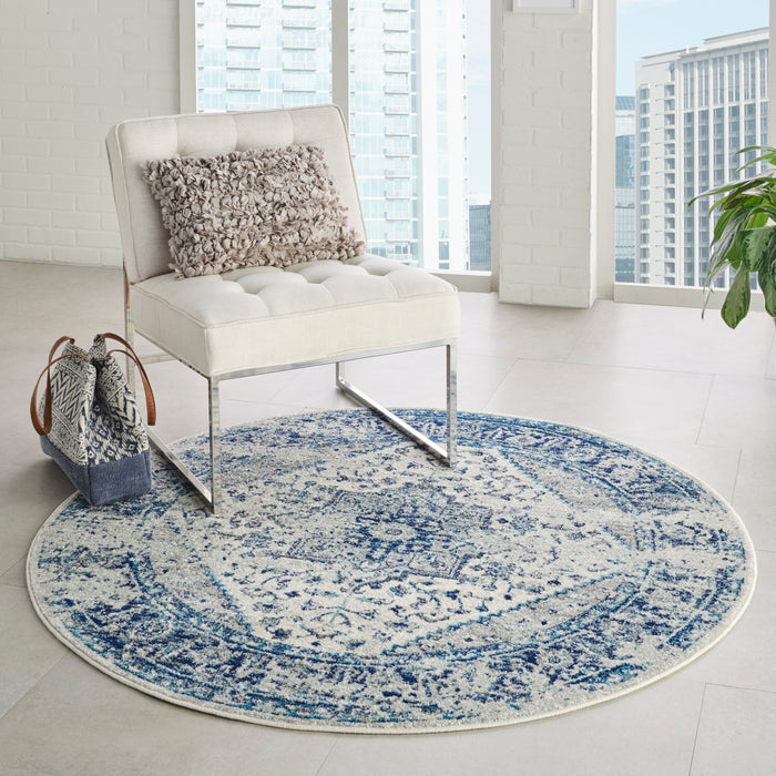 Nourison Tranquil TRA06 Navy Blue and White 5' Round Persian Area Rug