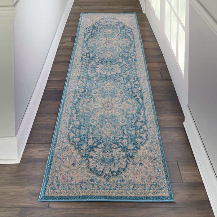 Nourison Tranquil TRA07 Turquoise Blue and White 7' Runner  Hallway Rug