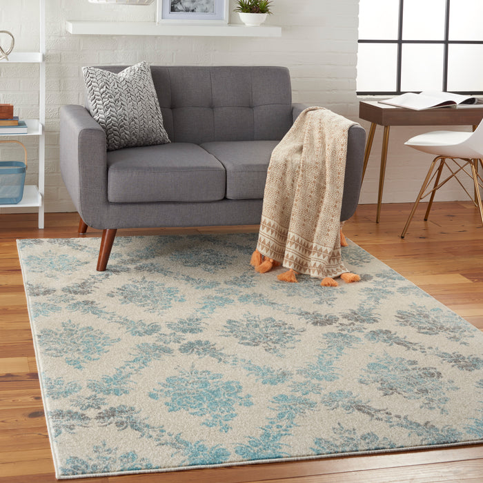Nourison Tranquil TRA09 Turquoise and White 6'x9' Vintage Area Rug