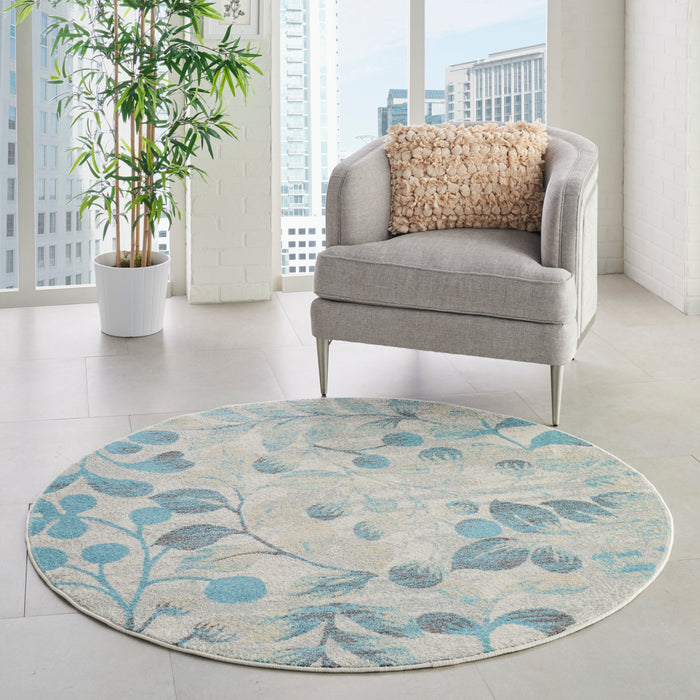 Nourison Tranquil TRA03 Turquoise and Beige 5' Round Botanical Area Rug