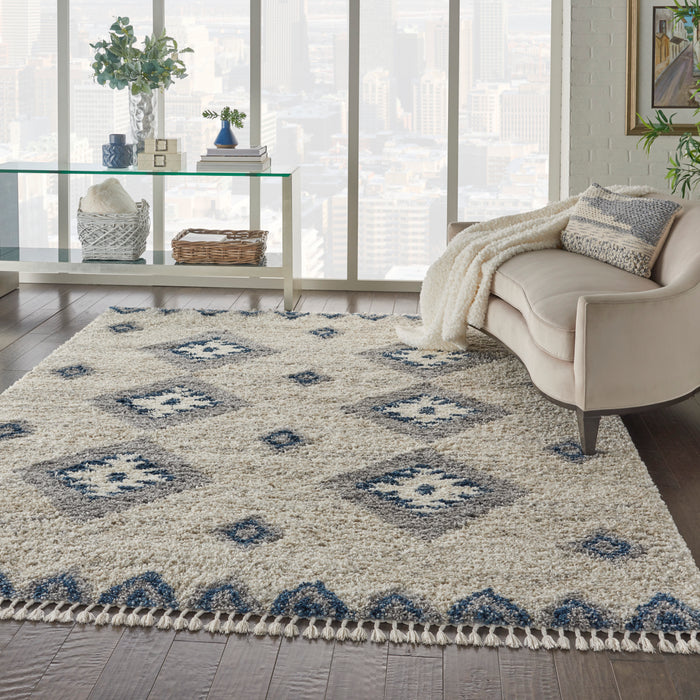 Nourison Oslo Shag OSL03 9'x12' Oversized Ivory and Blue Scandinavian Shag Rug